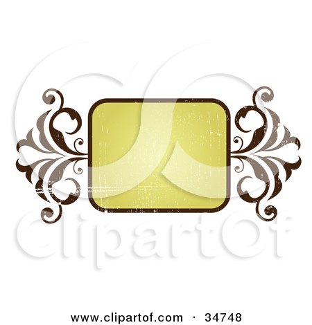 Clipart Illustration of a Yellow Square Text Box Bordered In Brown With Two Curly Vines On The Sides And A Scratched Texture by OnFocusMedia