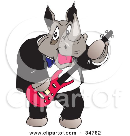 Clipart Illustration of a Male Rhino In A Tuxedo Playing A Pink Electric Guitar by Dennis Holmes Designs