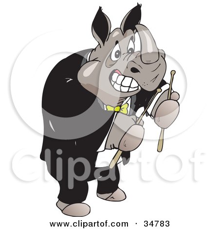 Clipart Illustration of a Strong Male Rhino In A Tuxedo, Holding Drumsticks by Dennis Holmes Designs
