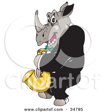 Clipart Illustration of a Male Rhino In A Tux, Playing A Saxophone by Dennis Holmes Designs