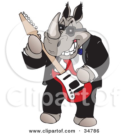 Clipart Illustration of a Male Rhino In A Tuxedo, Wearing Shades And Playing A Red And White Electric Guitar by Dennis Holmes Designs