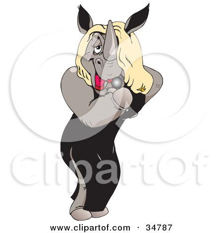 Clipart Illustration of a Sexy Blond Female Rhino In A Black Dress, Singing Into A Microphone by Dennis Holmes Designs