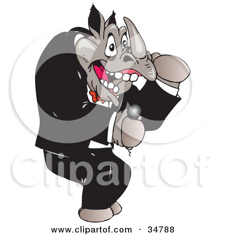 Clipart Illustration of a Male Rhino In A Tuxedo, Dancing And Singing Into A Microphone by Dennis Holmes Designs
