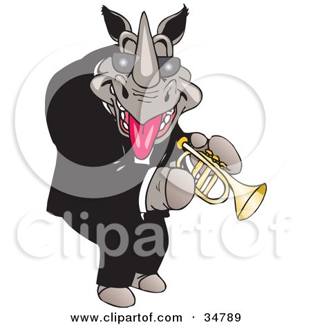 Clipart Illustration of a Male Rhino In A Tux And Shades, Sticking Out His Tongue And Playing A Trumpet by Dennis Holmes Designs