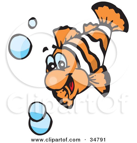 Clipart Illustration of a Hyper White And Orange Swimming Anemone Fish With Bubbles by Dennis Holmes Designs