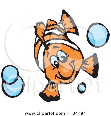 Clipart Illustration of a Happy White And Orange Anemonefish Swimming With Blue Bubbles by Dennis Holmes Designs