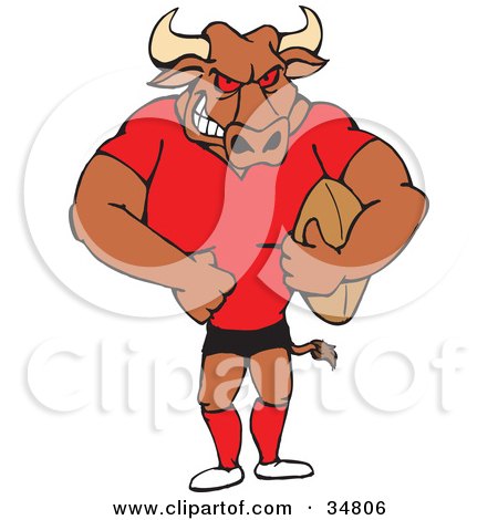 Clipart Illustration of a Beefy Bull In Uniform, Holding An American Football by Dennis Holmes Designs