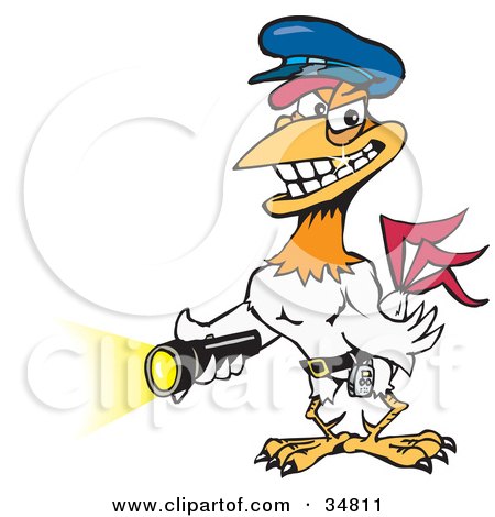 Clipart Illustration of a White Rooster Security Guard With A Golden Tooth, Smiling And Shining A Flashlight by Dennis Holmes Designs