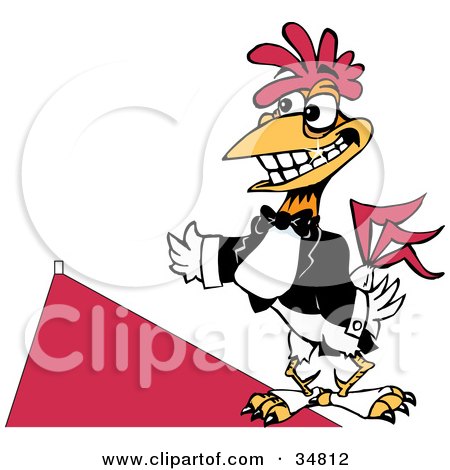 Clipart Illustration of a Friendly White Rooster With A Gold Tooth, Wearing A Tux And Presenting A Red Carpet by Dennis Holmes Designs
