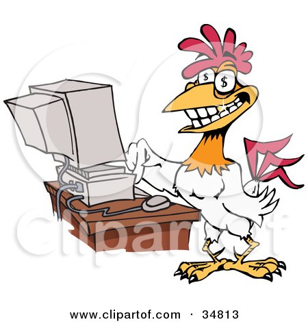 Clipart Illustration of a Grinning Rooster With A Golden Tooth And Dollar Sign Eyes, Typing On A Computer by Dennis Holmes Designs