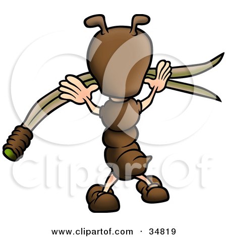 Clipart Illustration of a Cute Little Brown Ant Character Reaching For A Blade Of Grass by dero