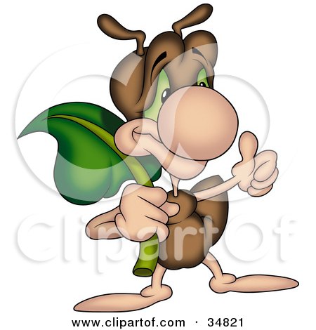 Clipart Illustration of a Cute Brown Ant Character Carrying A Leaf And Giving The Thumbs Up by dero