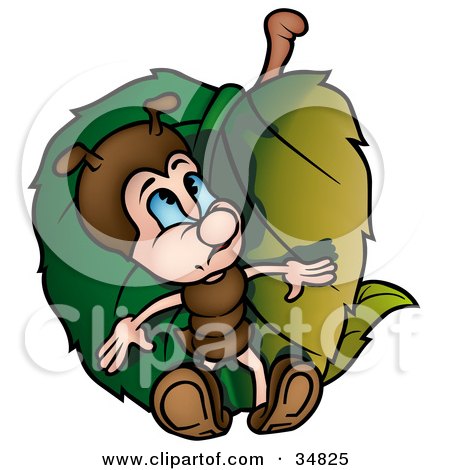 Clipart Illustration of a Cute Little Brown Ant Character Hiding Behind A Green Leaf by dero