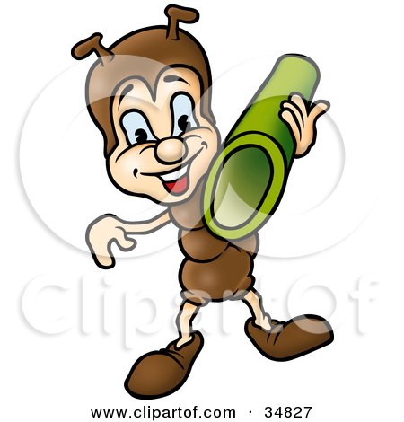 Clipart Illustration of a Little Brown Ant Character Carrying A Tube Over His Shoulder by dero
