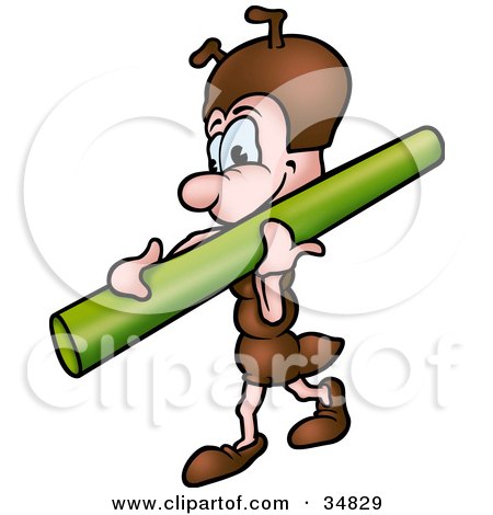 Clipart Illustration of a Little Brown Ant Character Carrying A Green Tube by dero
