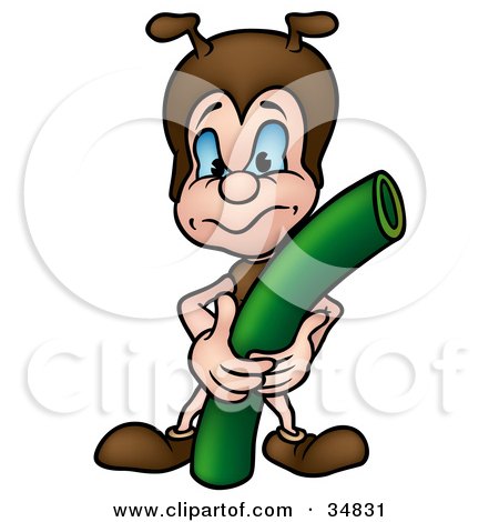Clipart Illustration of a Cute Little Brown Ant Character Holding A Green Curving Pipe by dero