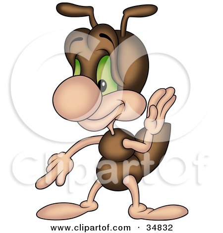 Clipart Illustration of a Cute Brown Ant Character Pointing Down At The Ground by dero