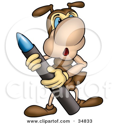 Clipart Illustration of a Surprised Brown Ant Character Holding A Blue Crayon by dero