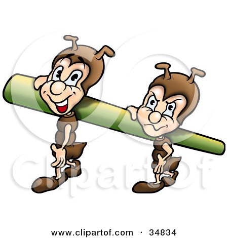 Clipart Illustration of Two Little Brown Ant Characters Working Together To Move A Green Tube by dero