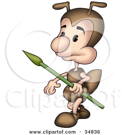 Clipart Illustration of a Cute Little Brown Ant Character Walking With A Spear by dero