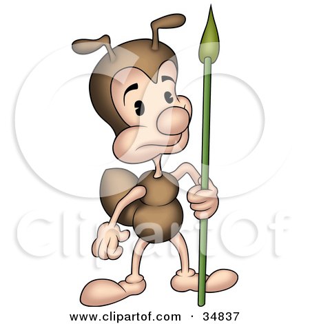 Clipart Illustration of a Cute Little Brown Ant Character Standing And Guarding With A Spear by dero