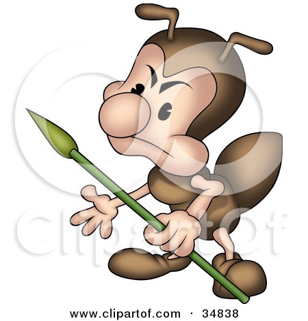Clipart Illustration of a Mad Little Brown Ant Character Guarding With A Spear by dero