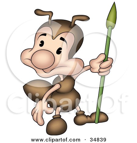 Clipart Illustration of a Cute Little Brown Ant Character Guarding With A Spear by dero
