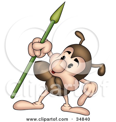 Clipart Illustration of a Cute Little Brown Ant Character Pointing Down And Holding Up A Spear by dero