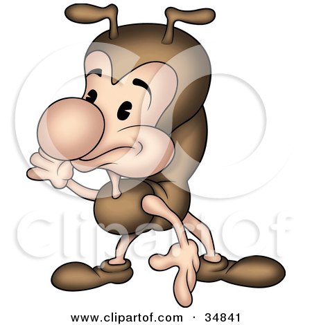 Clipart Illustration of a Cute Little Brown Ant Character Gesturing And Pointing Down by dero