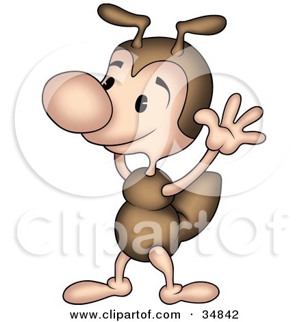 Clipart Illustration of a Cute Little Brown Ant Character Holding Up His Arms by dero