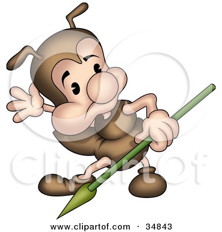 Clipart Illustration of a Cute Little Brown Ant Character With A Spear, Looking Off To The Side by dero