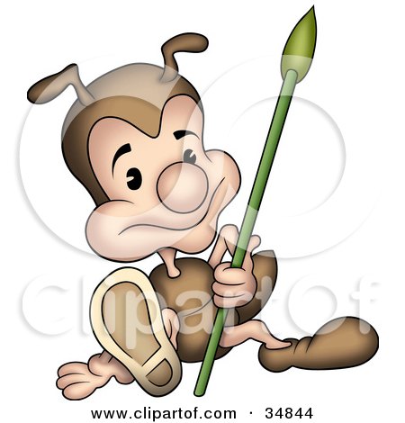 Clipart Illustration of a Cute Little Brown Ant Character Sitting On The Ground And Using A Spear To Get Up by dero