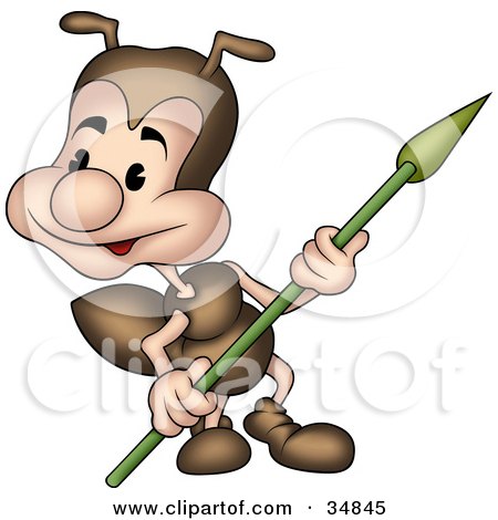 Clipart Illustration of a Cute Little Brown Ant Character Watching His Surroundings And Holding A Spear by dero
