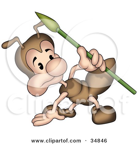 Clipart Illustration of a Cute Little Brown Ant Character With A Spear, Crouching And Looking At Something by dero