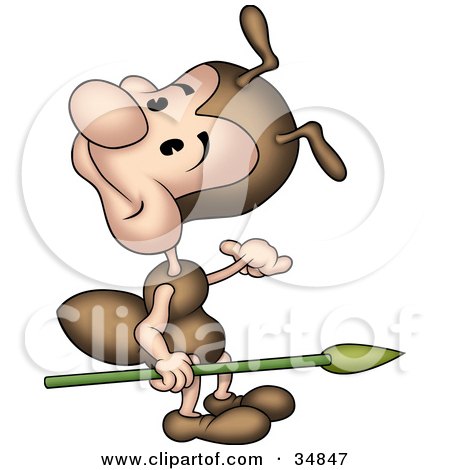 Clipart Illustration of a Cute Little Brown Ant Character Carrying A Spear And Looking Back by dero