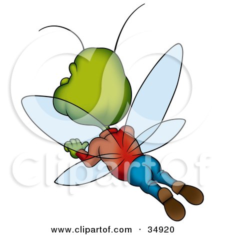 Clipart Illustration of a Green Male Beetle In Clothes, Flying Away by dero