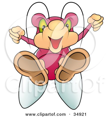 Clipart Illustration of a Pink Beetle With Green Eyes, Flying Down With His Feet First by dero