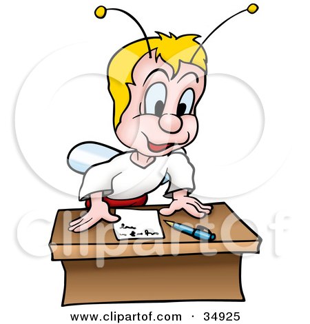 Clipart Illustration of a Blond Fly Bug Standing Up Over A Note On A Desk by dero