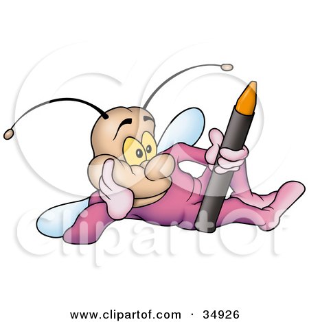 Clipart Illustration of a Fly Dressed In Purple, Daydreaming And Holding A Crayon by dero