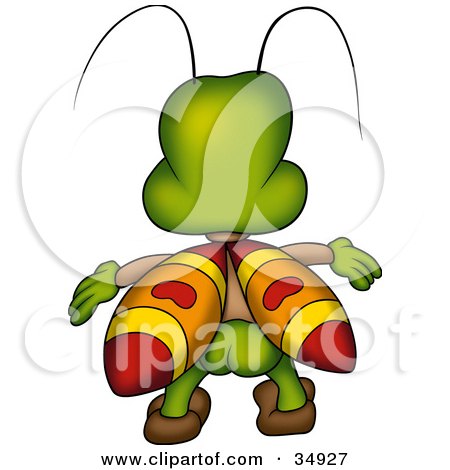 Clipart Illustration of a Green Beetle With Yellow, Orange And Red Wings, Facing Away With His Buns Hanging Out by dero