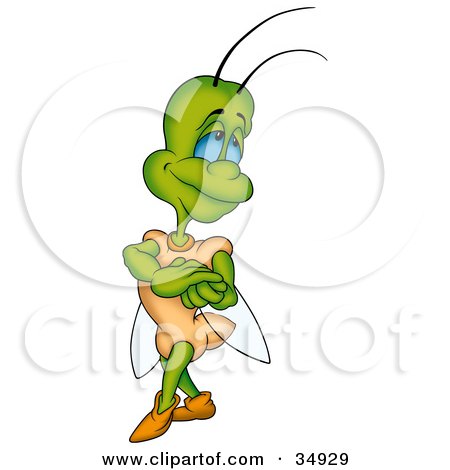 Clipart Illustration of a Green Beetle With Blue Eyes, Dressed In Orange, Cupping His Hands And Looking Back by dero