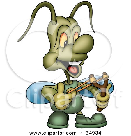 Clipart Illustration of a Green Beetle Shooting A Slingshot by dero