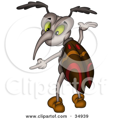 Clipart Illustration of a Green Eyed Beetle With Patterned Wings, Gesturing And Pointing Left by dero