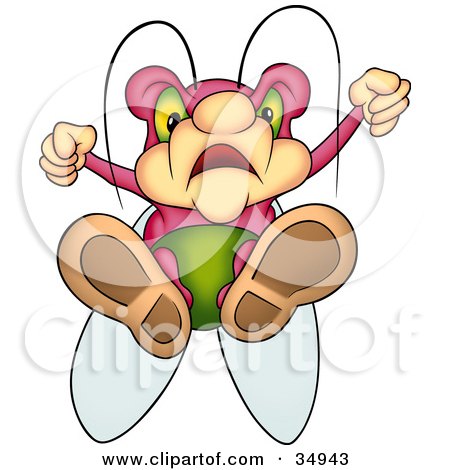 Clipart Illustration of a Mad Pink Beetle With Green Eyes, Flying Down With His Feet First by dero