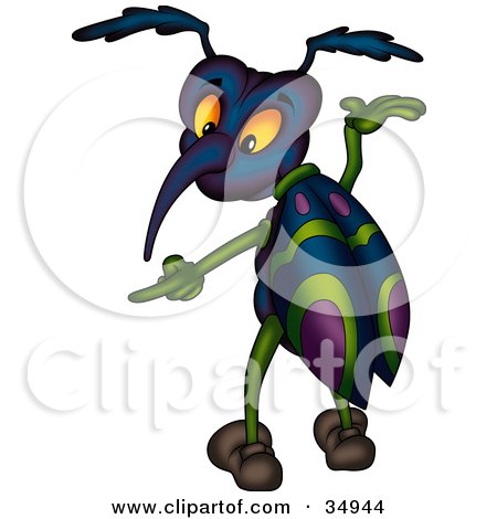 Clipart Illustration of a Blue, Purple And Green Beetle, Gesturing And Pointing Left by dero