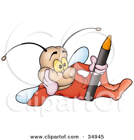 Clipart Illustration of a Fly Dressed In Orange, Daydreaming And Holding A Crayon by dero