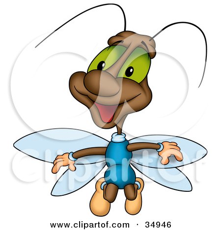 Clipart Illustration of a Friendly Brown Beetle With Green Eyes And Blue Wings by dero