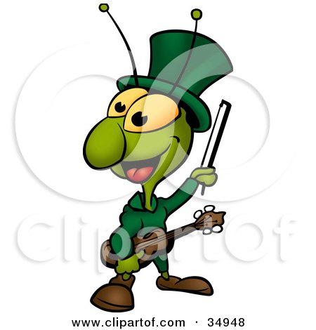 Clipart Illustration of a Green Cicada Playing A Fiddle by dero