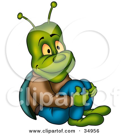 Clipart Illustration of a Happy Green Beetle In Jeans, Sitting On The Ground And Holding His Knees by dero