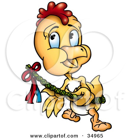 Clipart Illustration of a Yellow Chick Running With A Decorated Wicker Easter Branch by dero